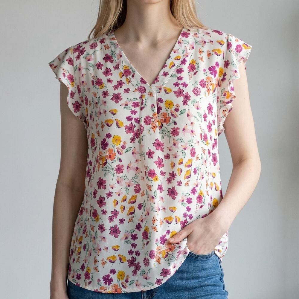 Anne Carson White Floral Print Flutter Sleeve Rayon Top Women's Size S NWT